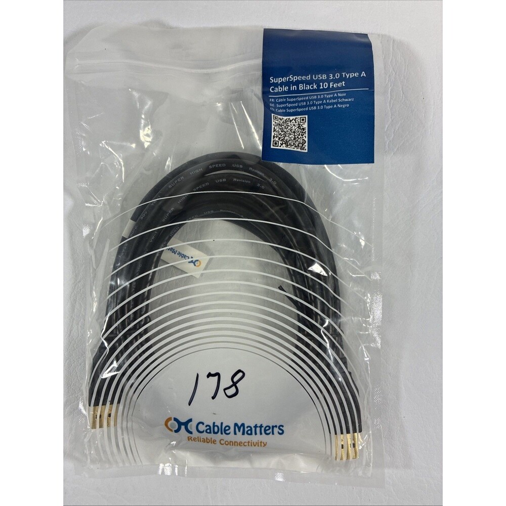 Cable Matters SuperSpeed USB 3.0 Type A cable, 10 feet long, in black.